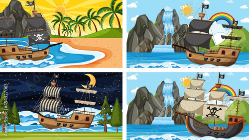 Four different beach scenes with pirate ship