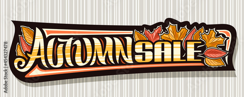 Vector banner for Autumn Sale, dark decorative sign board with illustration of dry yellow maple leaves and red cartoon forest leaf, advertising concept with unique brush lettering for word autumn sale