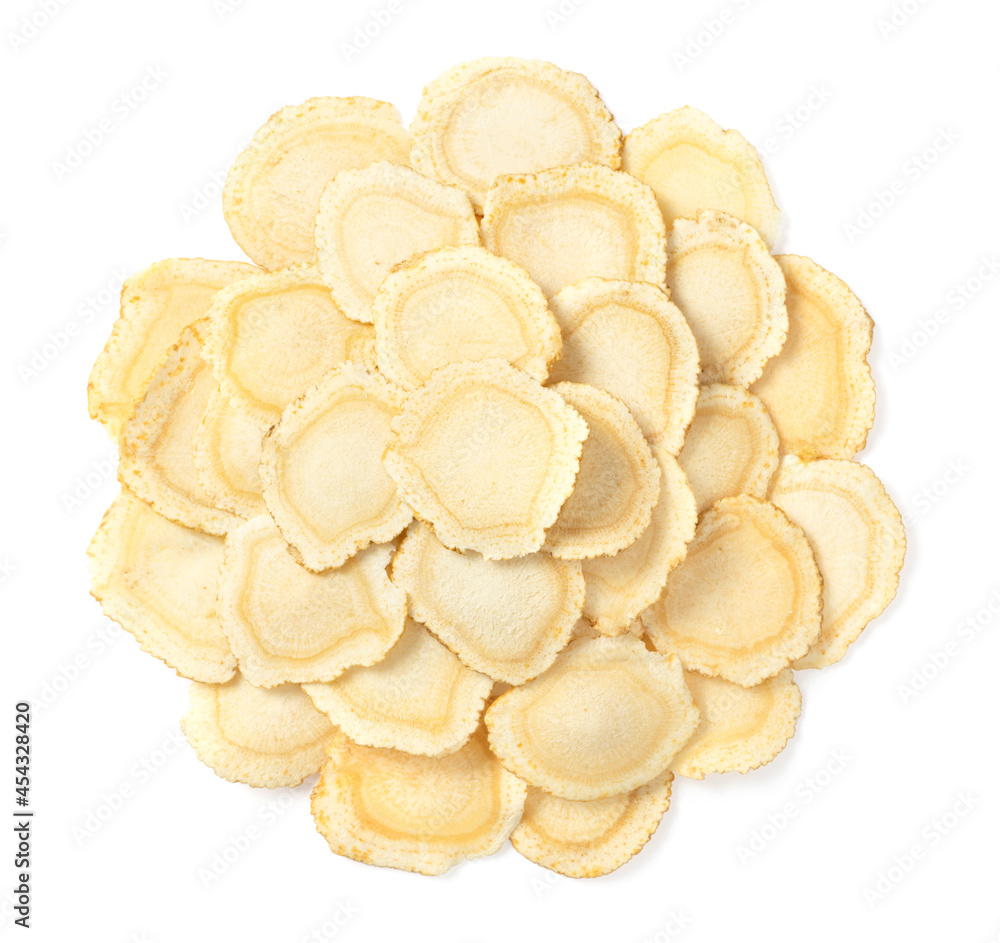 Dried American ginseng slices isolated on whtie background, top view Dried American ginseng slices isolated on whtie background, top view