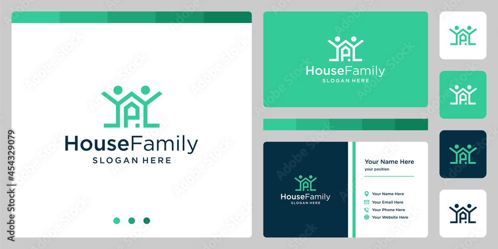 house building design logo with family logo and initial letter P. business card design