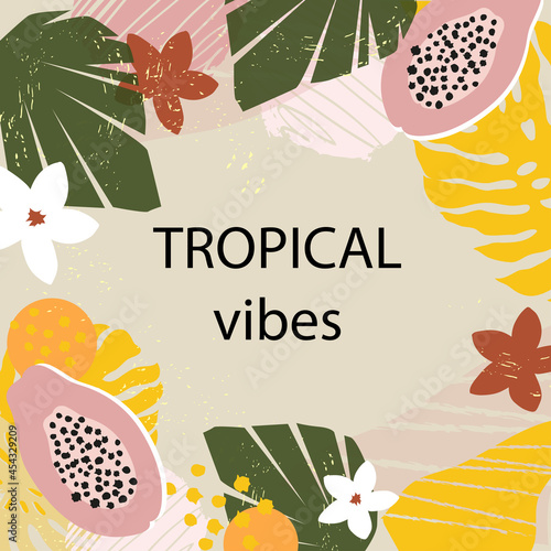 Summer banner with tropical jungle leaves, fruits and various shapes. Abstract Modern exotic jungle plants illustration