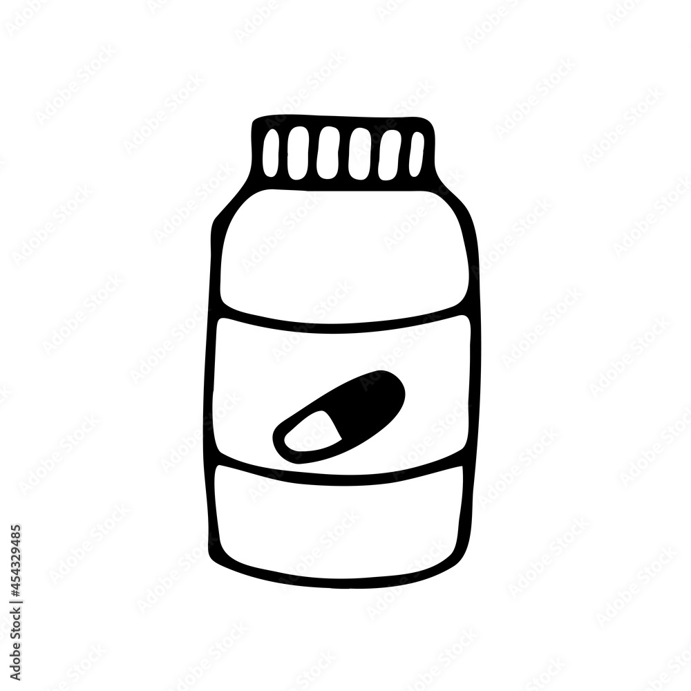 Doodle bottle with vitamins, a bottle with tablets, vector vitamin capsules. A bottle of vitamins and food additives. Vector of drawing by hand. Doodle bottle with vitamins, a bottle with tablets, vector vitamin capsules. A bottle of vitamins and food additives. Vector of drawing by hand.