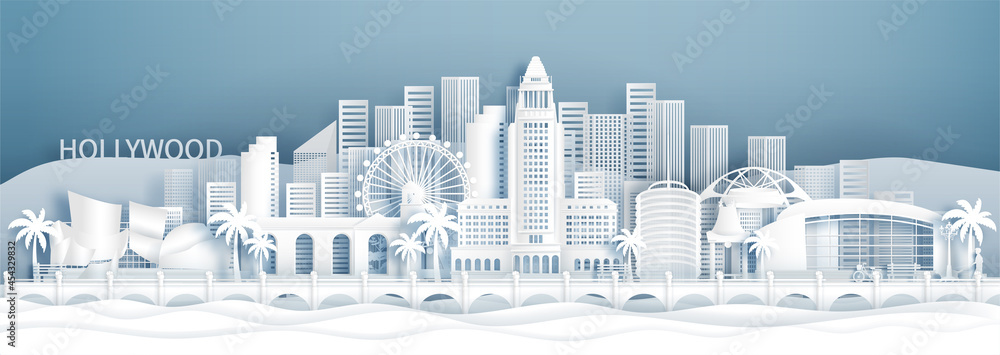 Panorama view of Los Angeles, California. United States skyline with world famous landmarks in paper cut style vector illustration.