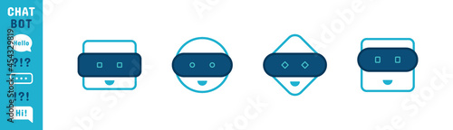 Chatbot character set. Cute Bot sign. Chat bot logo design. Bot for online consultation and support service. Flat vector illustration