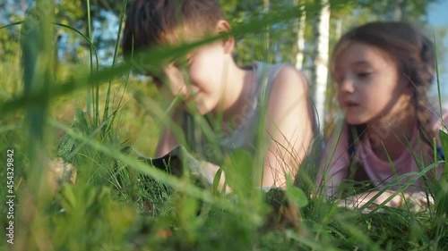 Children reading book on summer nature