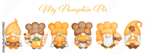 Digital painting watercolor pumpkin pie gnome banner. Vector illustration