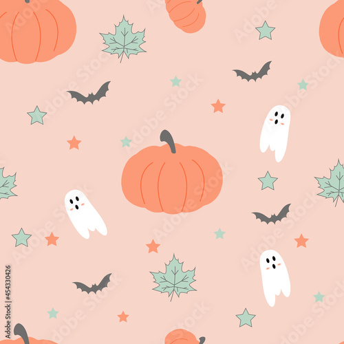 Seamless fabric pattern happy halloween. Background with pumpkins for halloween. Wallpaper with ghosts and pumpkins. Vector illustration for halloween.