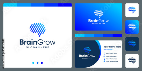 brain technology logo with growth investment arrow and business card design template