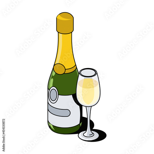 Champagne bottle of glass. Vector 3d sketch line isometric, color icon illustration, flat style. Creative design idea and elements for infographics and website.
