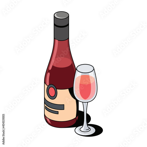 Red Wine Sparkling Bottle Glass. Vector 3d sketch line isometric, color icon illustration, flat style. Creative design idea and elements for infographics and website.