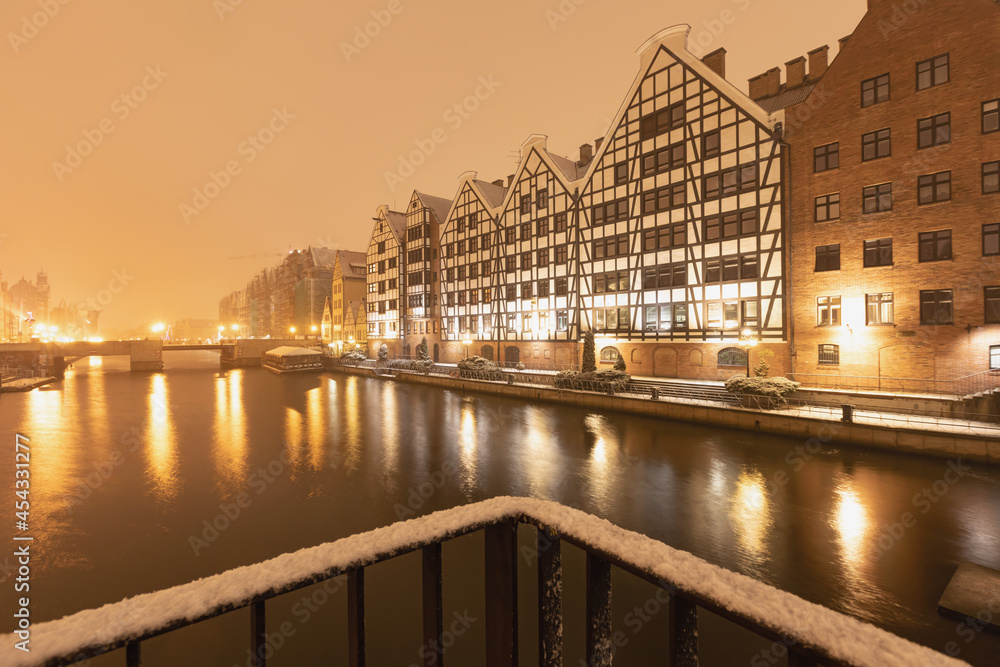 Gdansk in the evening with snow