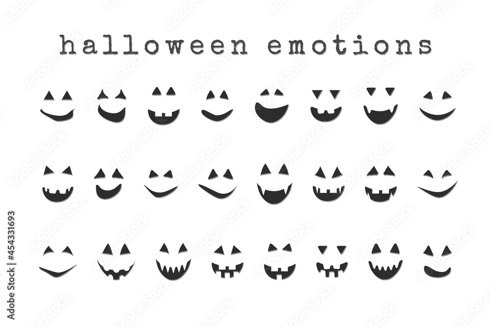 halloween face collection, scary grinning eyes and smiles of jack pumpkin and ghosts.