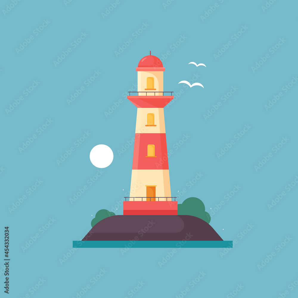 Lighthouse on island and sea in flat style. Vector illustration Lighthouse on island and sea in flat style. Vector illustration