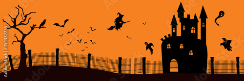 Halloween background silhouettes. Witch on a broomstick flies through bats and ghosts to the old castle.