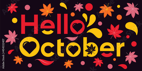 inspiration wordmark logo hello october with shape smile, heart, and autumn leaves with black background.
