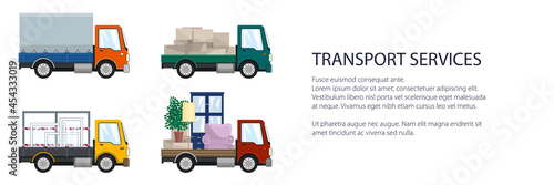 Colorful small trucks with different loads , empty and covered trucks, lorries with furniture and windows, delivery services banner, transport services and logistics, vector illustration