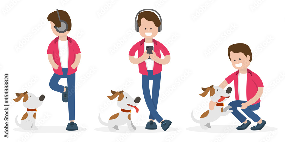 Young man and a dog in different poses. Isolated people vector illustration