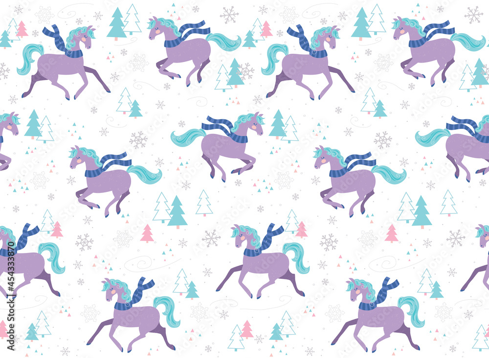 Pretty purple ponies and horses galloping through a snowy scene. This lovely seamless vector pattern is perfect for girls celebrating the winter holiday season.