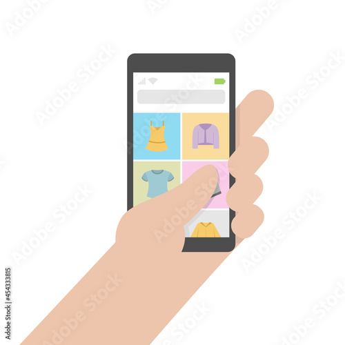 A hand holding a smartphone and surfing a clothes shop online. Isolated vector illustration