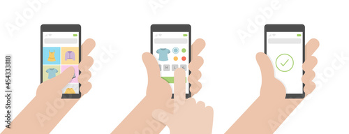 A hand holding a smartphone and shopping online. Isolated vector illustration