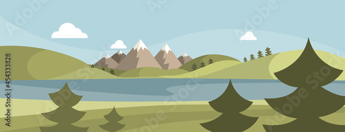 Mountains and lake landscape. Flat design. Vector illustration