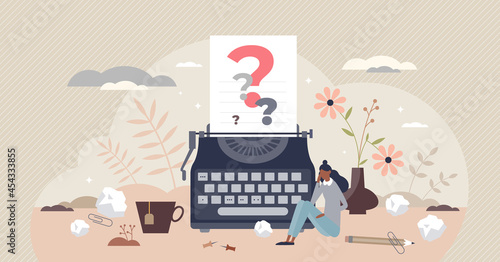 Writers block as missing creative muse for story content tiny person concept. Stress, pressure and confusion because of difficulties to get inspiration vector illustration. Author imagination crisis.