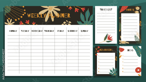 Weekly planner and paper notes print concept templates set. With hand drawn exotic floral leaves pattern. Vector