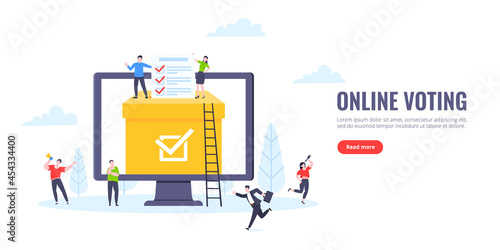 Online voting concept flat style design vector illustration. Tiny people with voting poll online survey working together. Concept of electronic voting modern system political competition and election.
