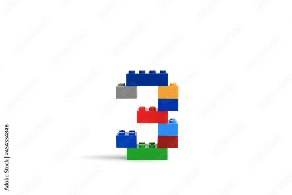 Arabic number symbol 3 from colorful plastic brick block constructor isolated on white background. Image with Clipping path Arabic number symbol 3 from colorful plastic brick block constructor isolated on white background. Image with Clipping path
