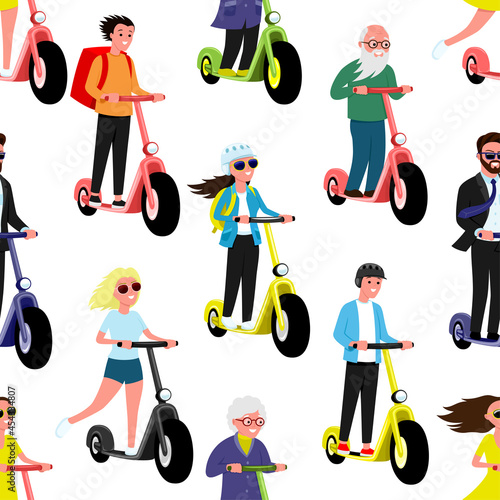 Seamless pattern with people on electric scooters on white background.