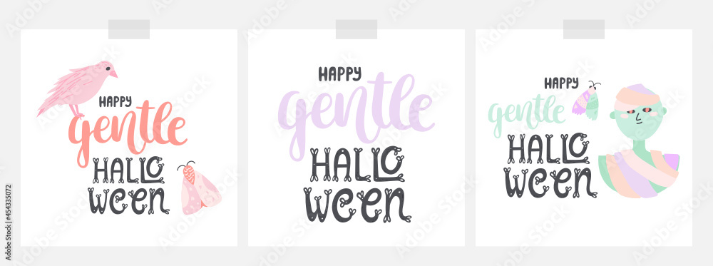 Cute and trendy Halloween card designs in pastel colors. With lettering and calligraphy, and doodle illustrations - mummy, moth, raven. Pretty and nice designs. Vector on white cards.