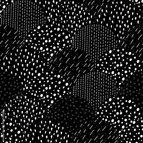 Vector illustration. Children's drawing. Spotted black and white background. Geometric abstract pattern of hand-drawn shapes. Filled and linear organic forms.