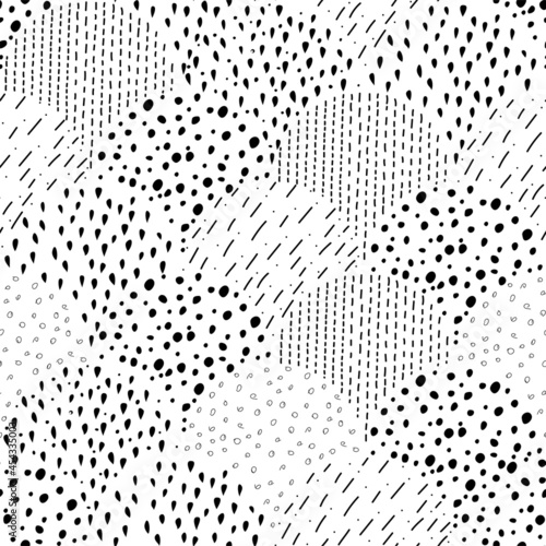 Vector illustration. Children's drawing. Spotted black and white background. Geometric abstract pattern of hand-drawn shapes. Filled and linear organic forms.