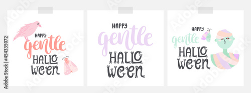 Cute and trendy Halloween card designs in pastel colors. With lettering and calligraphy, and doodle illustrations - mummy, moth, raven. Pretty and nice designs. Vector on white cards.