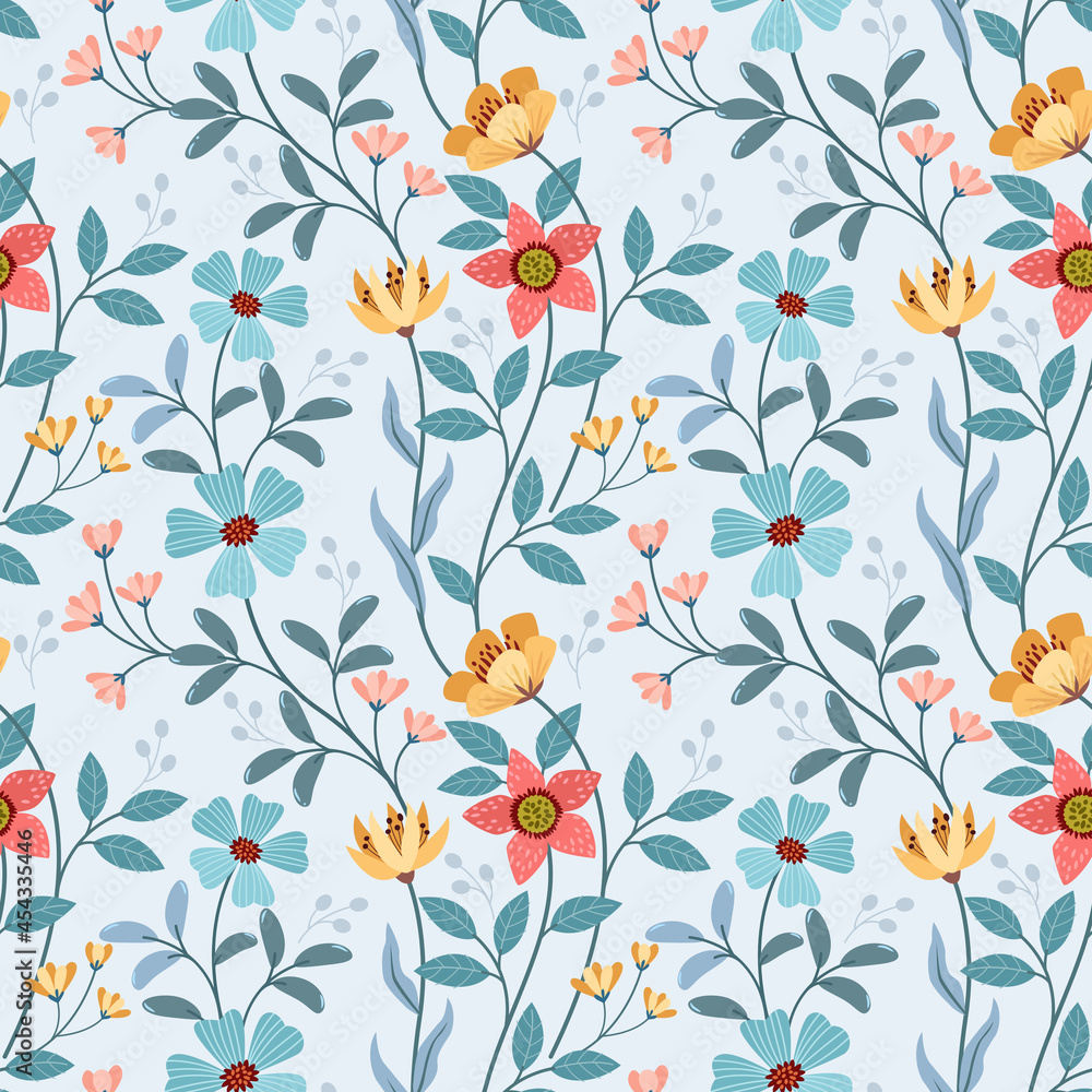 Abstract colorful flowers design seamless pattern.