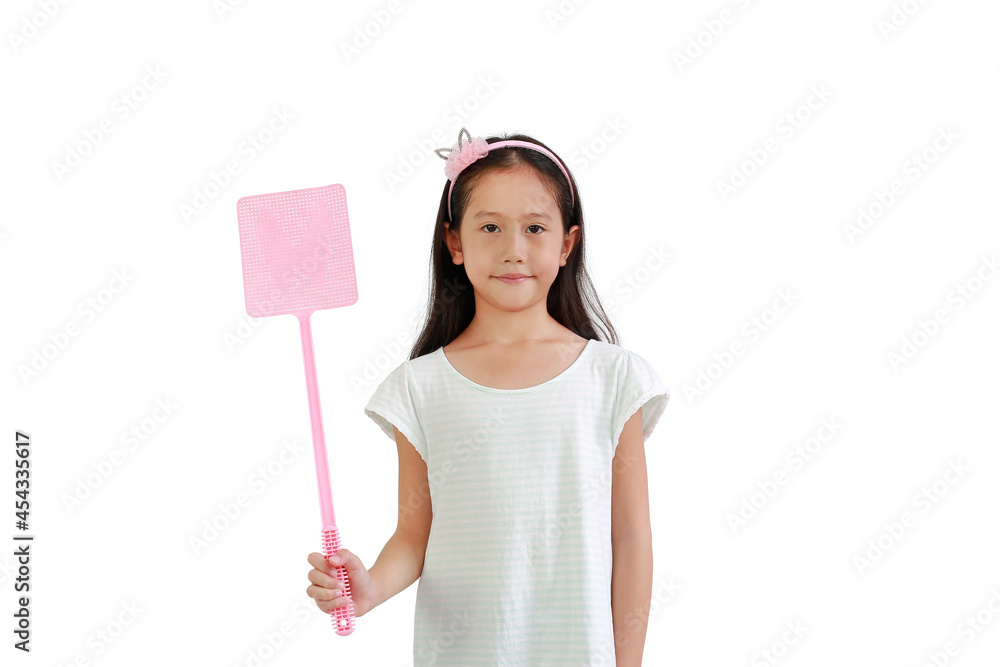 Asian little girl child holding pink flyswatter for attacking fly isolated on white background. Image with Clipping path Asian little girl child holding pink flyswatter for attacking fly isolated on white background. Image with Clipping path