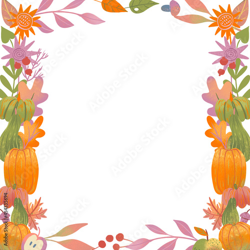 Square boarder with pumpkins, berries, foliage, leaves. Can be used as a postcard, textile design, greeting card.