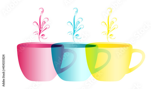 Three steaming hot mugs in offset print style on white background
