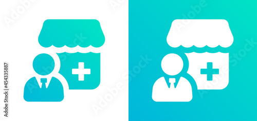 Pharmacy shop with pharmacist icon.