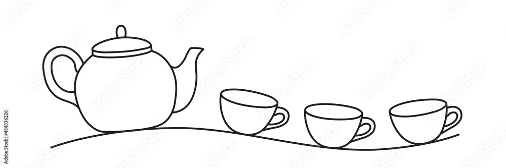 Teapot and three tea cups banner line art illustration Teapot and three tea cups banner line art illustration