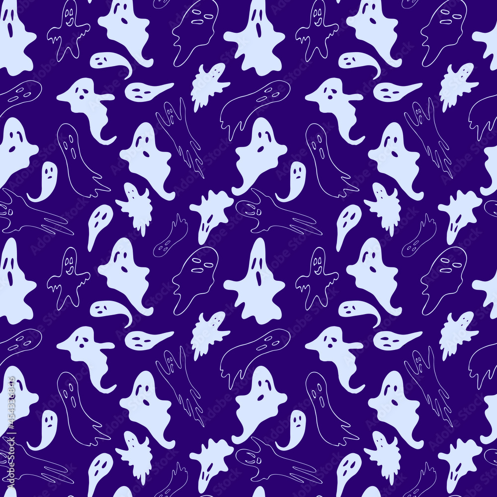 Hand drawn seamless Halloween pattern.The contours of the white ghosts on a purple background. Vector illustration.