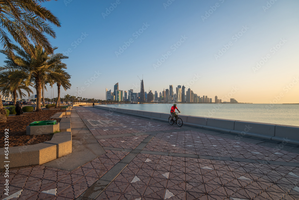 The Doha Corniche is a waterfront promenade extending for seven kilometers along Doha Bay in the capital city of Qatar, Doha.