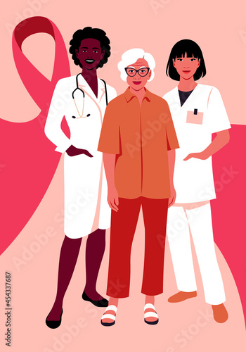 Two female doctors and a patient are standing in full length with pink ribbons. Prevention of oncological diseases and breast cancer. Vector flat illustration