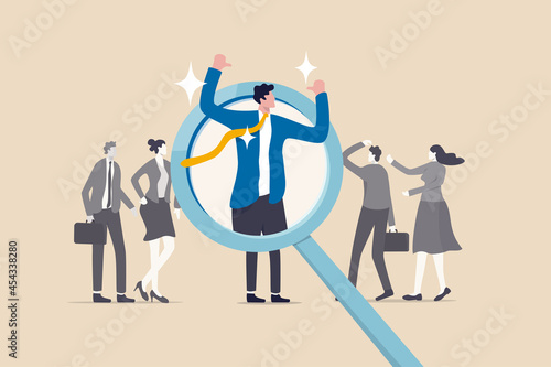Outstanding winner candidate for job position, stand out from the crowd, notable, different or distinct person concept, confidence businessman stand out on human resource magnifying glass recruitment.
