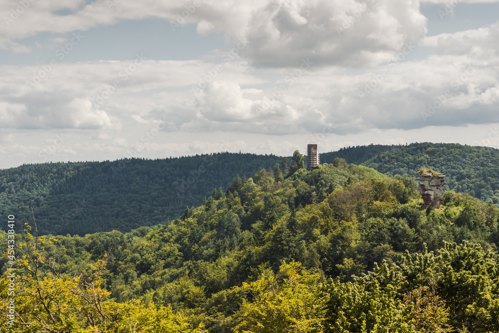 Blick auf den Pfälzerwald mit den Burgruinen Anebos und Scharfenberg, Rheinland-Pfalz, Deutschland
