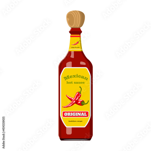 Mexican sauce bottle. Hot chilli pepper spice. Isolated cartoon ketchup icon. Traditional food ingredient