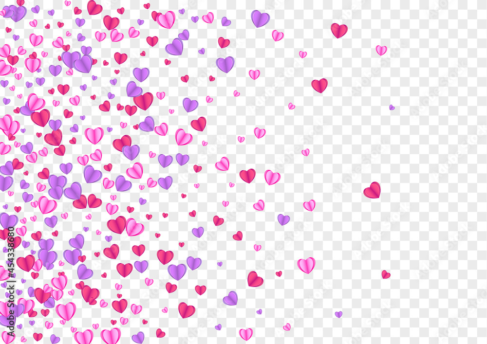 Violet Confetti Background Transparent Vector. Happy Backdrop Heart. Pink Fall Pattern. Tender Heart Elegant Texture. Red Card Frame.