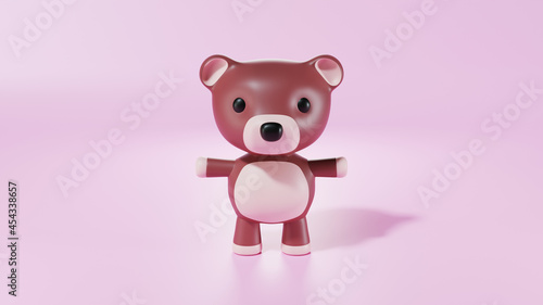 3d rendering little cute baby bear doll character stand on isolated on pink background. An animal bear cartoon relaxing gesture. Vector illustration design.