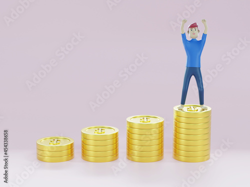 3D illustration of meditating man, successful investor stand on a huge stack of gold coins.Cartoon smiling businessman.Keep calm financial savings concept.piles of gold coins. businessman on the coins