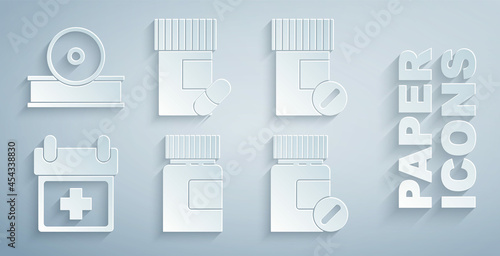 Set Medicine bottle, and pills, Doctor appointment, and Otolaryngological head reflector icon. Vector